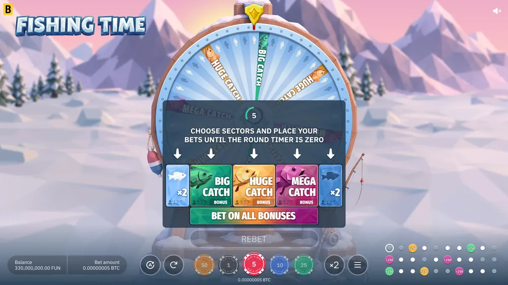 Fishing Time main game screen showing the wheel and betting cards