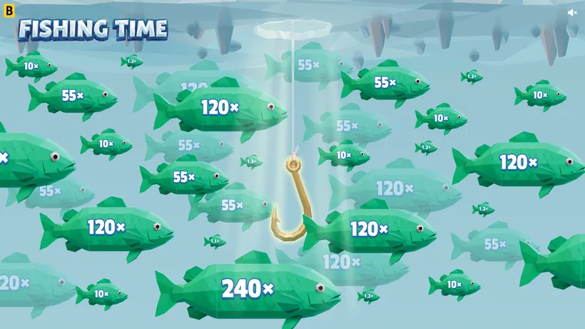Fishing Time bonus game reeling in a fish underwater