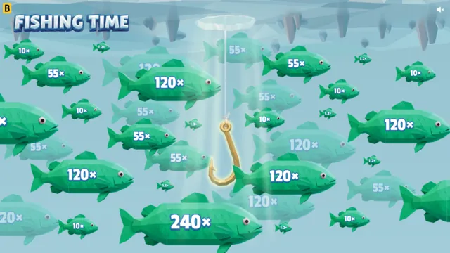 Big Catch bonus in the Fishing Time game showing green fish with values