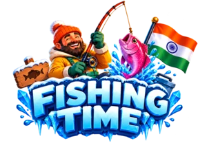 Fishing Time game logo with a laughing angler and the Indian flag